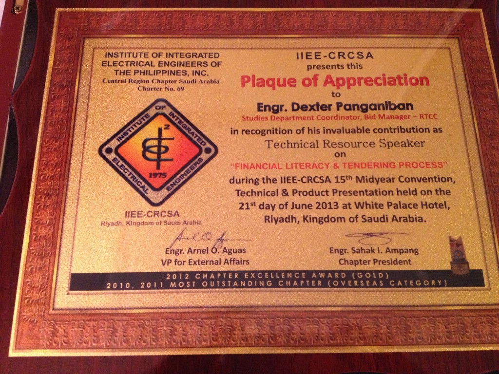 IIEE 2013 Plaque of Appreciation Dexter Panganiban